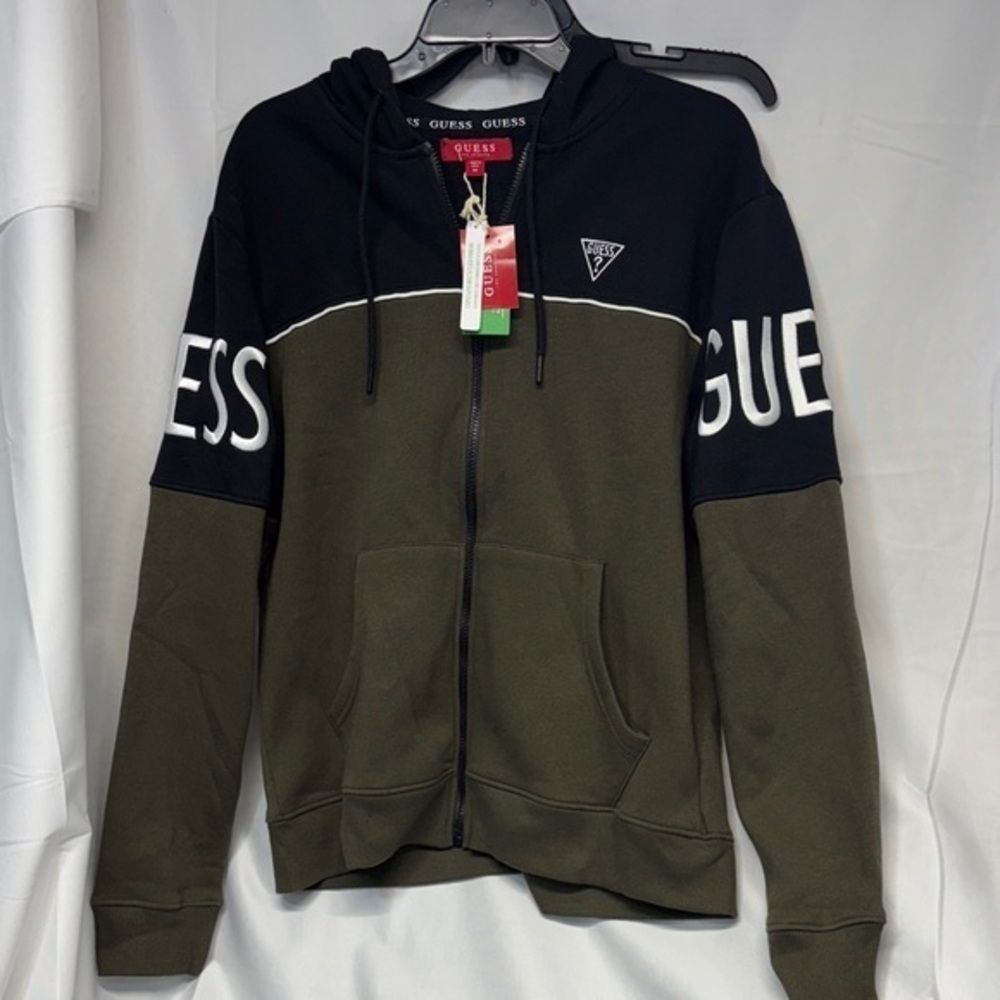 GUESS Harrison blocked olive  long sleeve hooded Zip-Up Sweatshirt jacket coat M